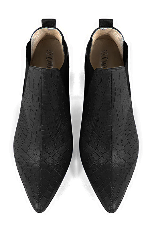 Satin black women's ankle boots, with elastics. Tapered toe. Low flare heels. Top view - Florence KOOIJMAN